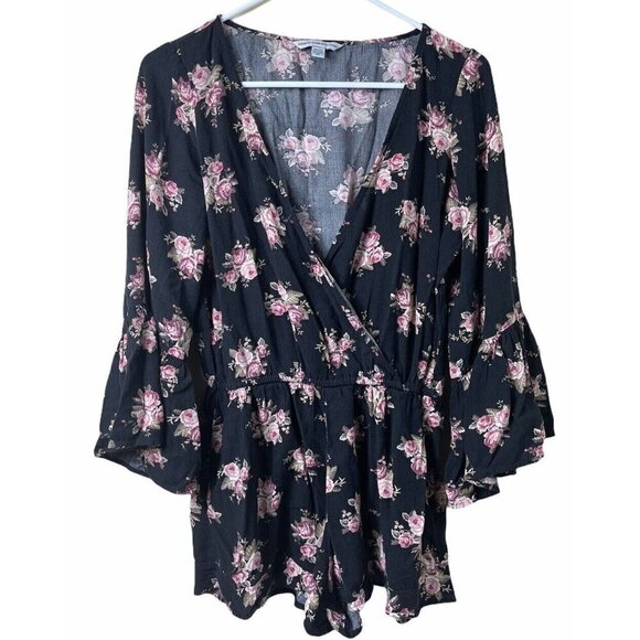 AEO American Eagle Outfitters Black Floral Romper with Ruffle Sleeves Sz Small S - Picture 1 of 7